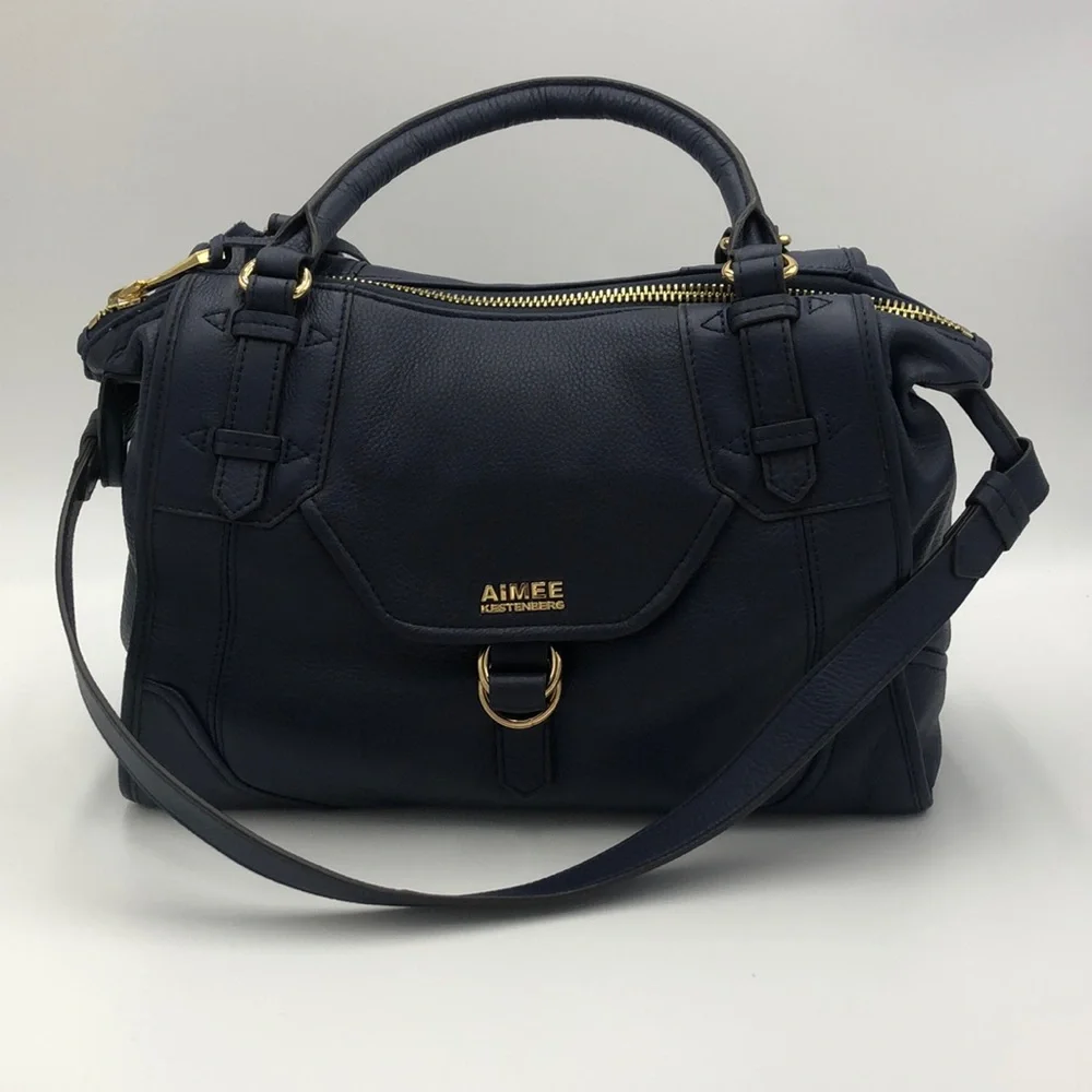 Aimee Kestenberg Navy Leather Satchel with Gold Hardware